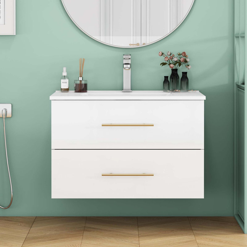 Gloss Wall-Mounted Bathroom Vanity With Mirro, 30", Glossy White, Gold