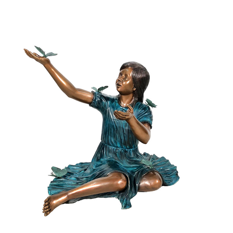 Bronze Sitting Girl with Butterflies Sculpture