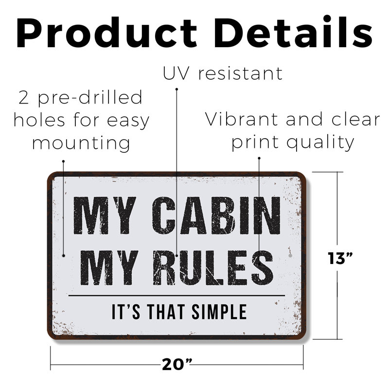 Enseigne en plastique 13 po x 20 po My Cabin My Rules, H 13 po x l 20 po x P 0,1 po