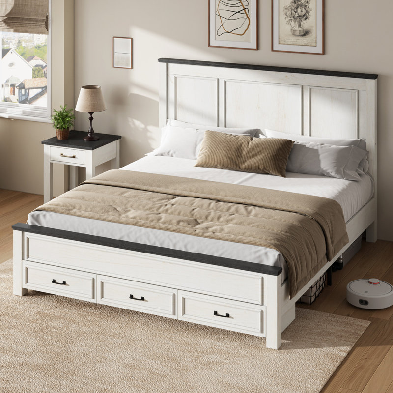 Farmhouse Wood King Platform Bed Frame with 52.2" Tall Headboard, Large Storage Drawers, Cream, Cream, King