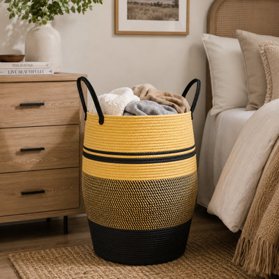 Très grand panier de rangement en corde de coton Boho, panier à linge décoratif beige noir (19 po x 26 po)