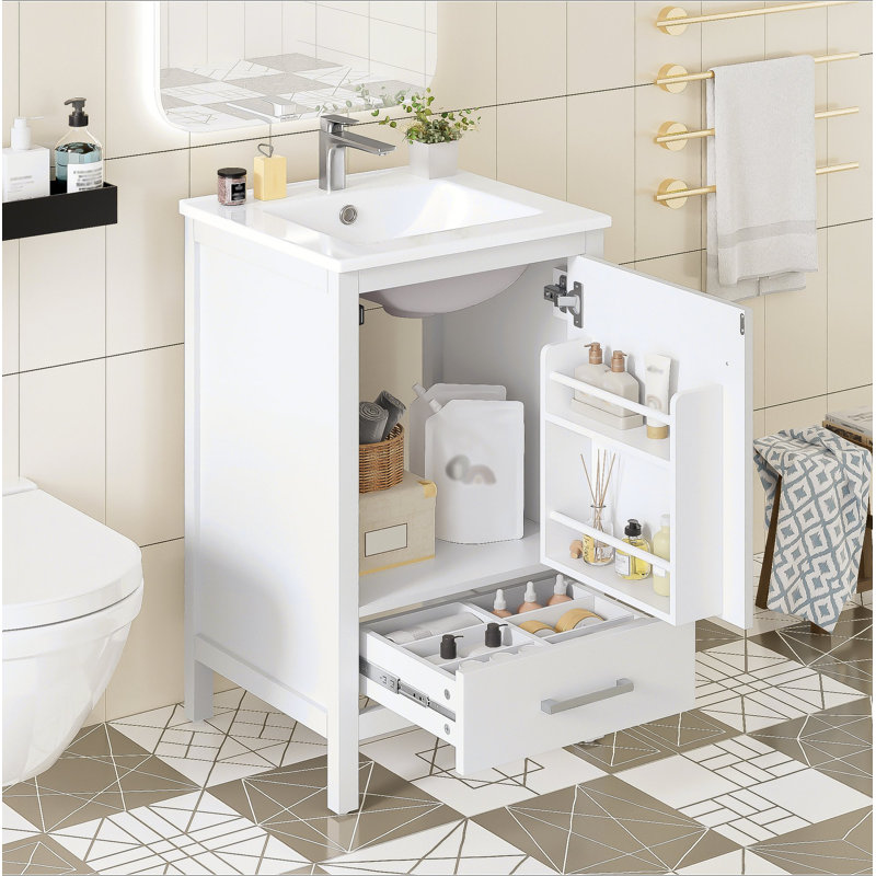 Meuble-lavabo moderne de 20 pouces avec lavabo en céramique, tiroir et porte à fermeture en douceur, organisateur de porte double couche, tiroir de séparation, patins réglables - conception de rangement peu encombrante