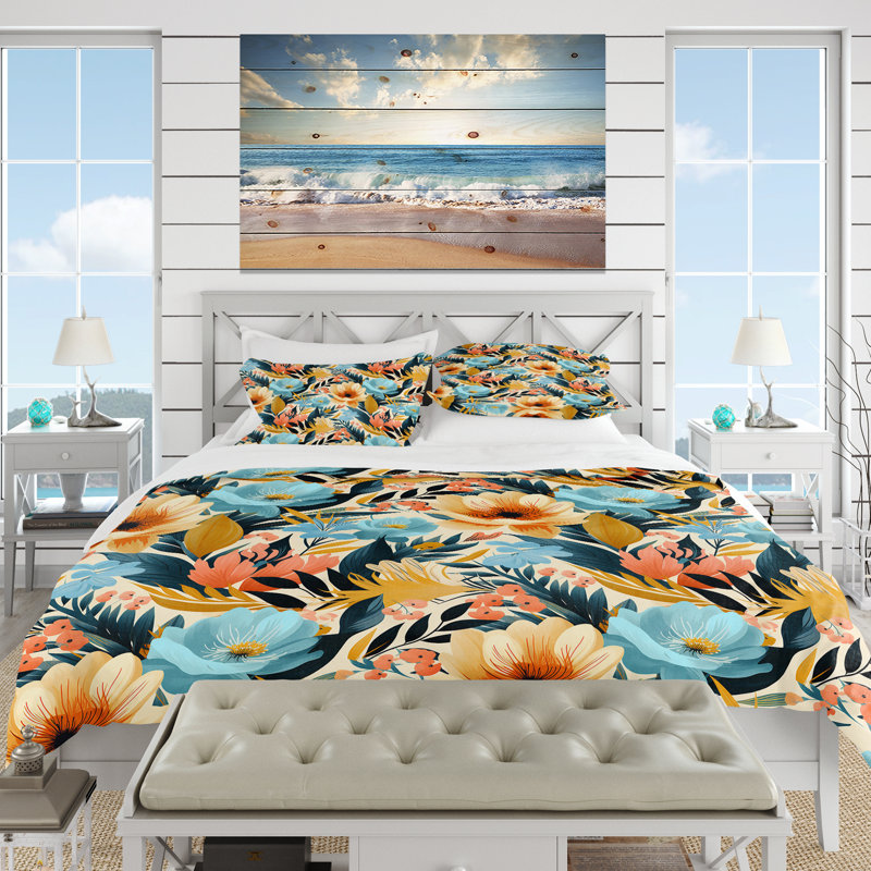 Ensemble de housse de couette fleurs claires à motif tropical, Housse de couette pour très grand lit et 2 très