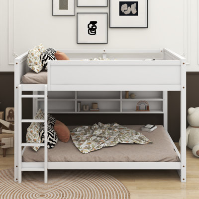 Queen Over Queen Bunk Bed With Built-In Storage Cabinets,Charging Station,Ladder,Safety Guardrails,Solid Pine Wood Bunk Bed