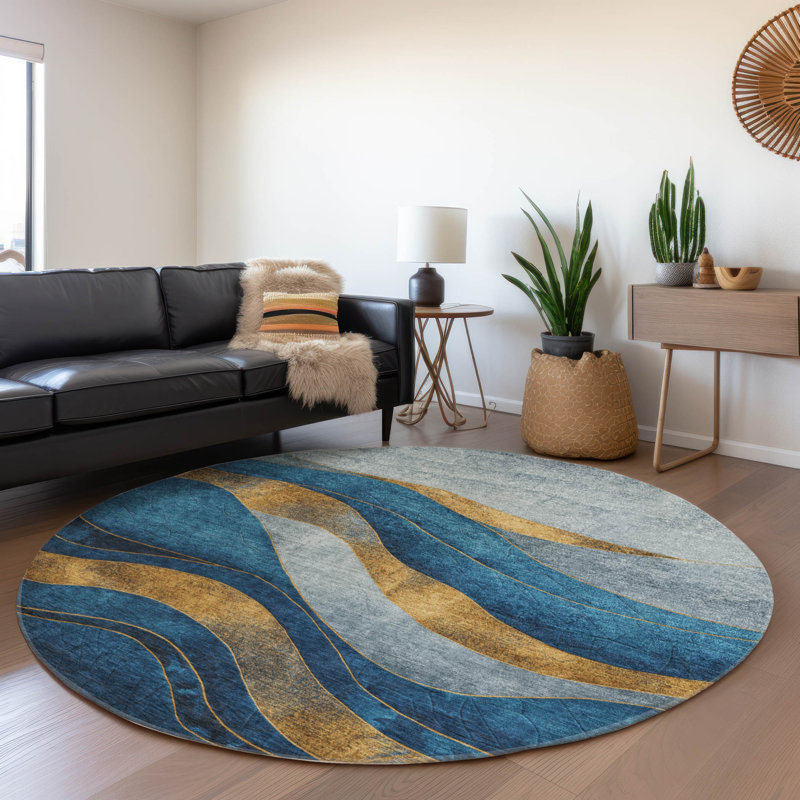 Tapis bleu intérieur / extérieur lavable à la machine Xhevrie, Rond 8 pi