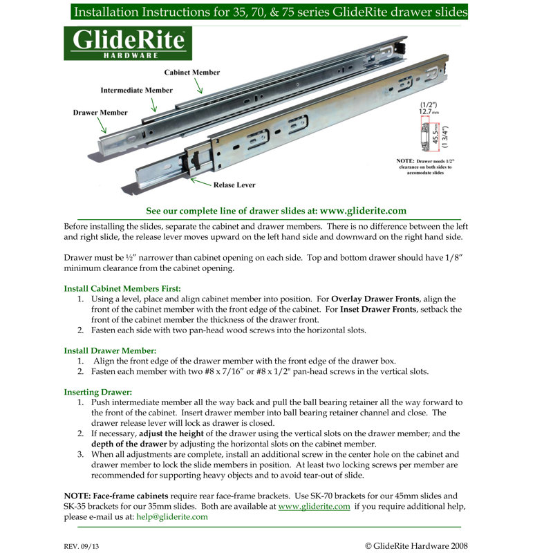 Glissière robuste à extension complète à roulement à billes à support latéral 100 lb GlideRite 1 paire (2 pièces)