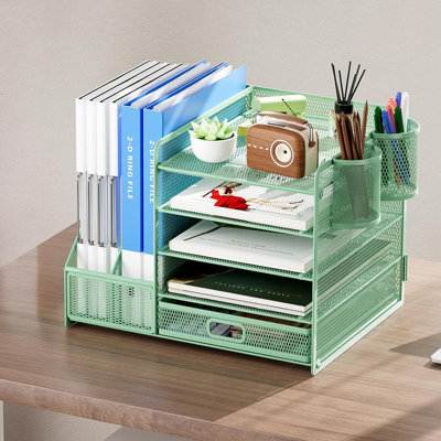 5-Tier Mesh Desk Organizer With File Holder, Drawer & 2 Pen Holders, Desktop Letter Tray & Magazine Storage For Office Supplies (Green)