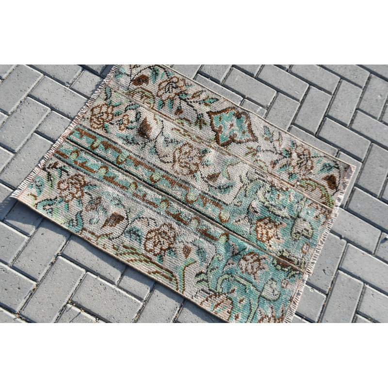 Charming Small Green Turkish Vintage Rug Ideal for Home Decor and Bathroom Accentuation