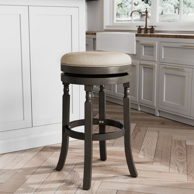 Tabouret de bar gris vieilli de 30 po, housse de siège en tissu beige, structure en bois franc robuste, mouvement pivotant à 360 degrés, repose-pieds de 12 po, tabouret gris d'une capacité de 300 lb, pour rehausser votre espace de travail