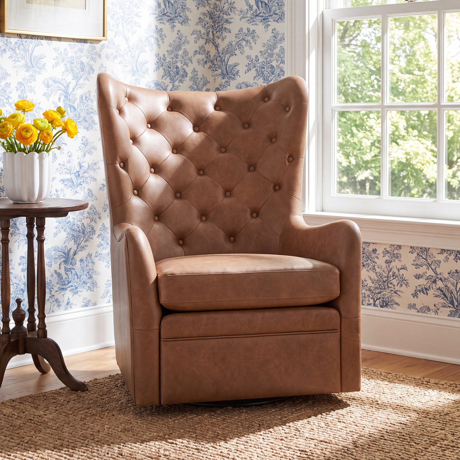 Waverly Swivel Wingback Chair, Copley Saddle Brown Faux Leather