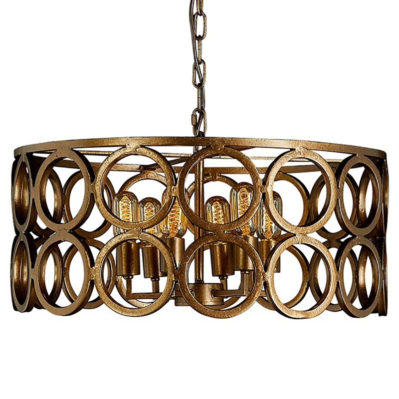 6 - Light Candle Style Drum Chandelier with Wrought Iron Accents, Bronzed Brass