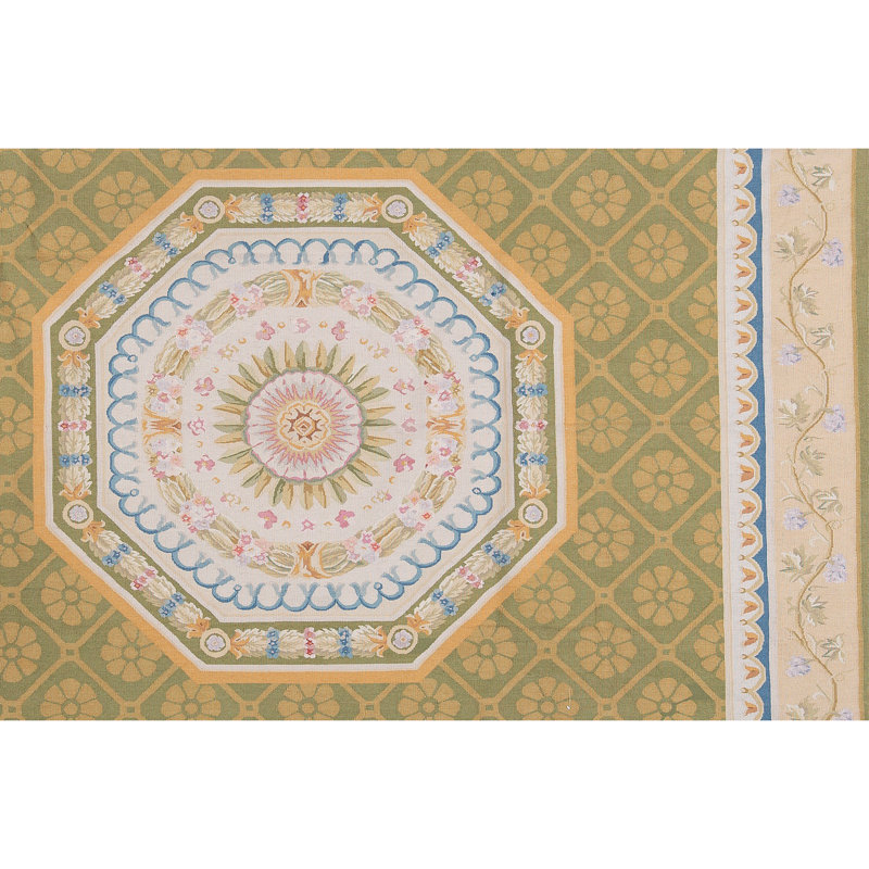 Hand-Knotted High-Quality Green and Ivory Area Rug