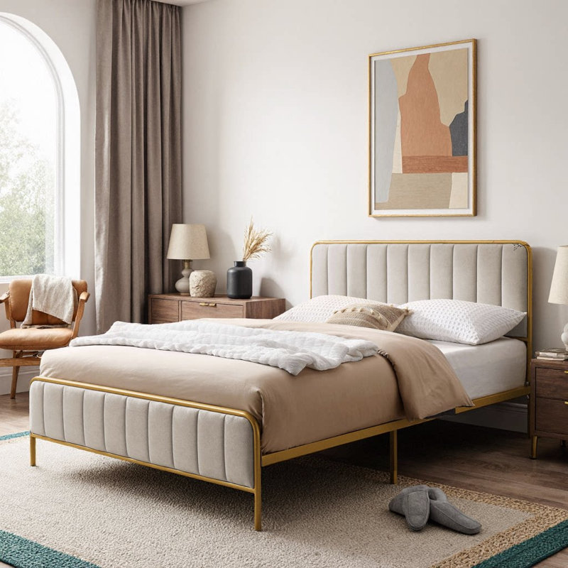 Structure de lit rembourrée avec tête de lit en velours capitonnée | Lit plateforme moderne en tissu doux | Aucun sommier tapissier requis
