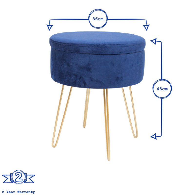 Harbour Housewares Round Velvet Storage Footstools - Pack of 2, Grey, Gold