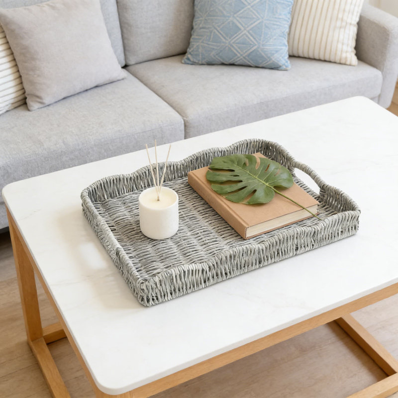Woven Rectangular Serving Tray With Scalloped Edges And Handles, Synthetic Rattan Decorative Tray For Coffee Table, Vanity, And Home Organization