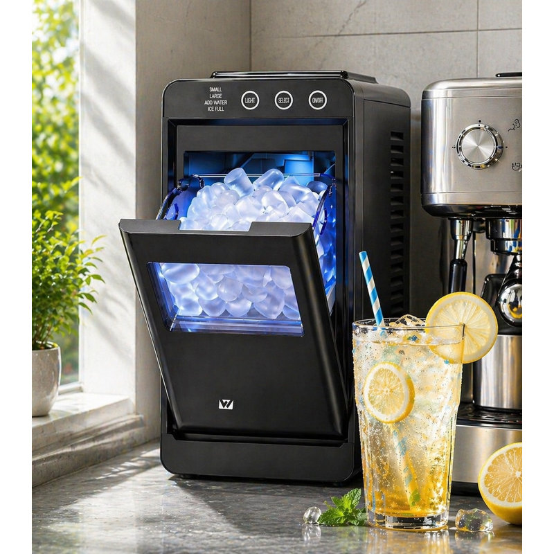 Narrow Ice Maker with Viewing Window, Blue Light, 12kg/24h, Bullet Ice, Self-Cleaning, 17cm