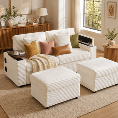 Canapé double Chaisora de 72,5 po avec deux repose-pieds avec rangement, canapé 2 places en velours côtelé avec table pivotante cachée à 360 °, haut-parleur Bluetooth, port de charge USB, porte-gobelet, rangement pour accoudoirs