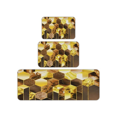 Gold Brown Geometric Kitchen Rug 3 Piece Set for Kitchen & Living Room