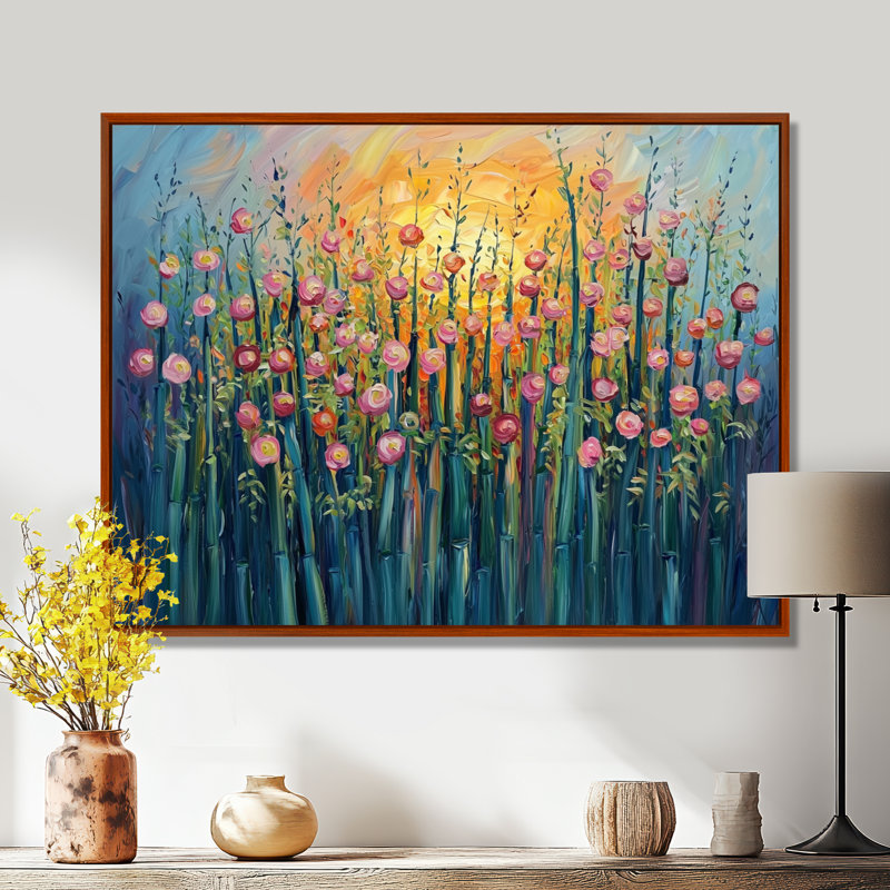 «Sunset Wildflowers Blossoms In The Wild IV», art mural sur toile de bambou, H 30 po x l 40 po, Cadre flottant, Brun