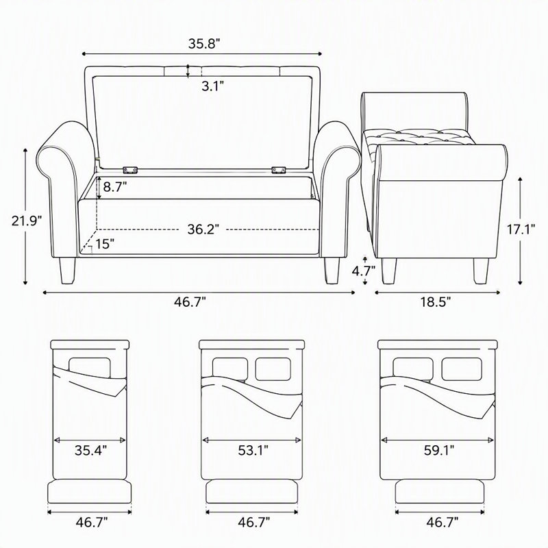 Banc de rangement rembourré de 47 pouces avec accoudoirs roulés et charnière de sécurité, Gris clair, Gris clair
