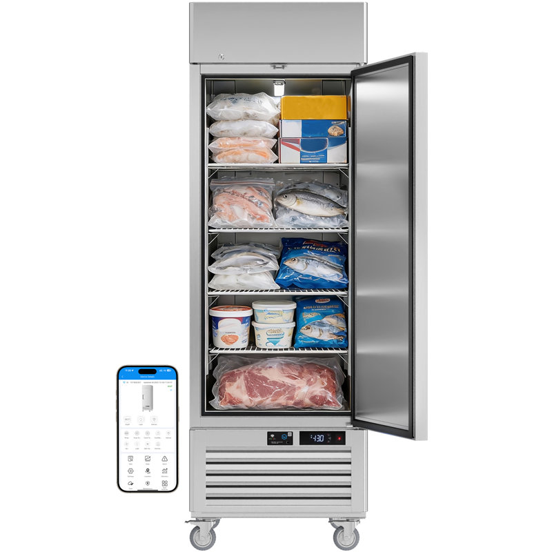VEECOOL 27" WiFi Enabled Commercial Freezer Upright with App Control, 23 cu.ft. Stainless Steel Single Door Reach-in Freezer with 4 Shelves, Right Hinged Door, Auto Defrost, ETL&ETL Sanitation