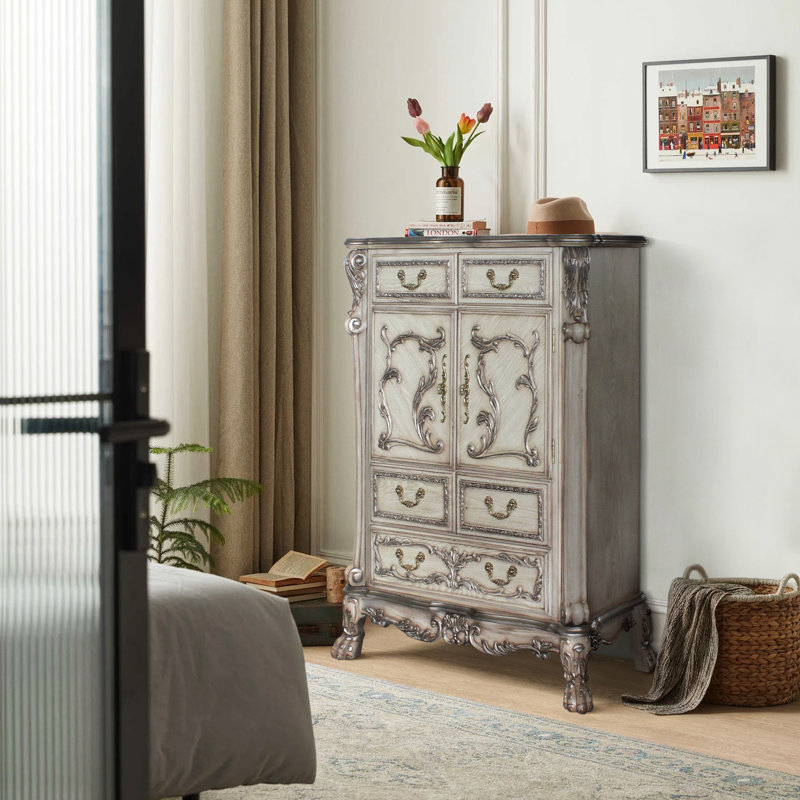 Commode combinée 5 tiroirs Spurlin, Blanc os rétro