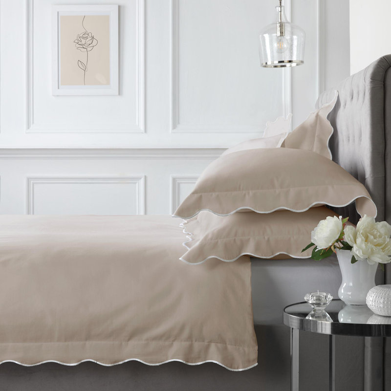 Scallop Edge Cotton No Pattern Duvet Cover Set with Pillowcases, Double Duvet Cover Set + 2 Pillowcases
