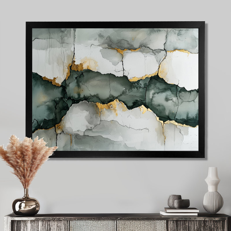 Blanc et gris «Silence of Perception II» - Art mural abstrait minimaliste, H 30 po x l 40 po, Cadre simple, Noir