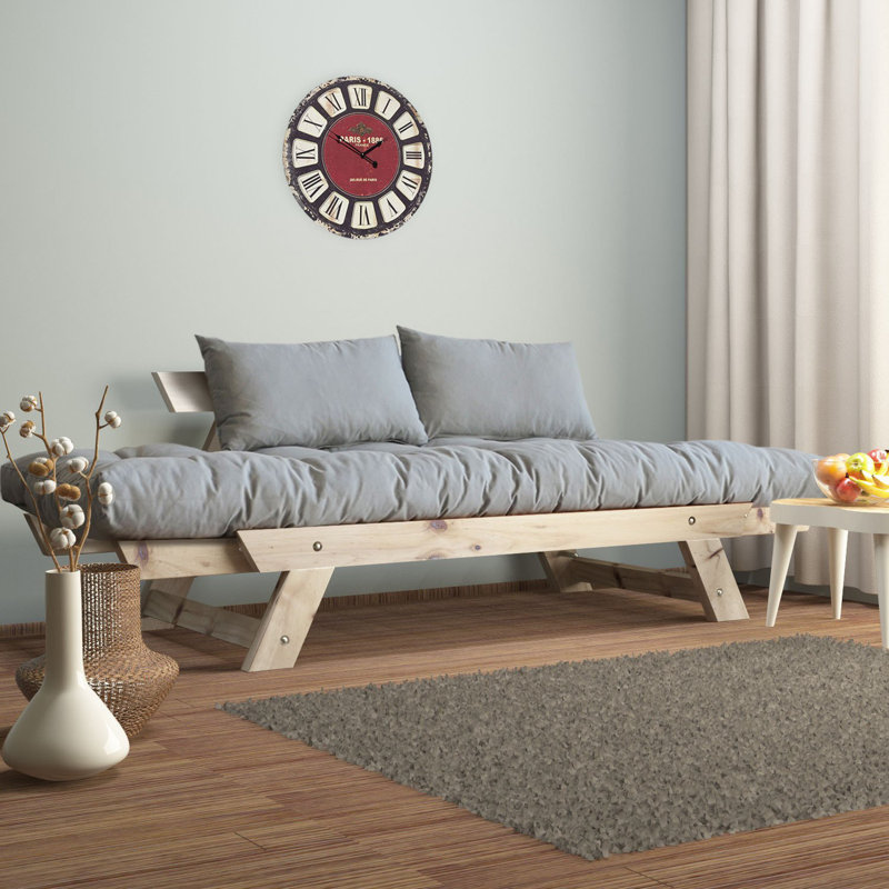 Convertible Pine Wood 2-Seat Outdoor Sofa With Waterproof Linen Cushions, Natural, Gray