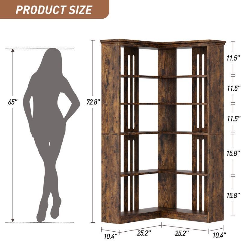 Duanna Farmhouse Bookshelf Corner Bookcase 72.8” Large Bookcase Wood Bookshelf Tall L Shaped Bookshelf 5 Tier Corner Shelf Display Rack Etagere Shelf Storage For Office Bedroom (Half Panel, Retro)