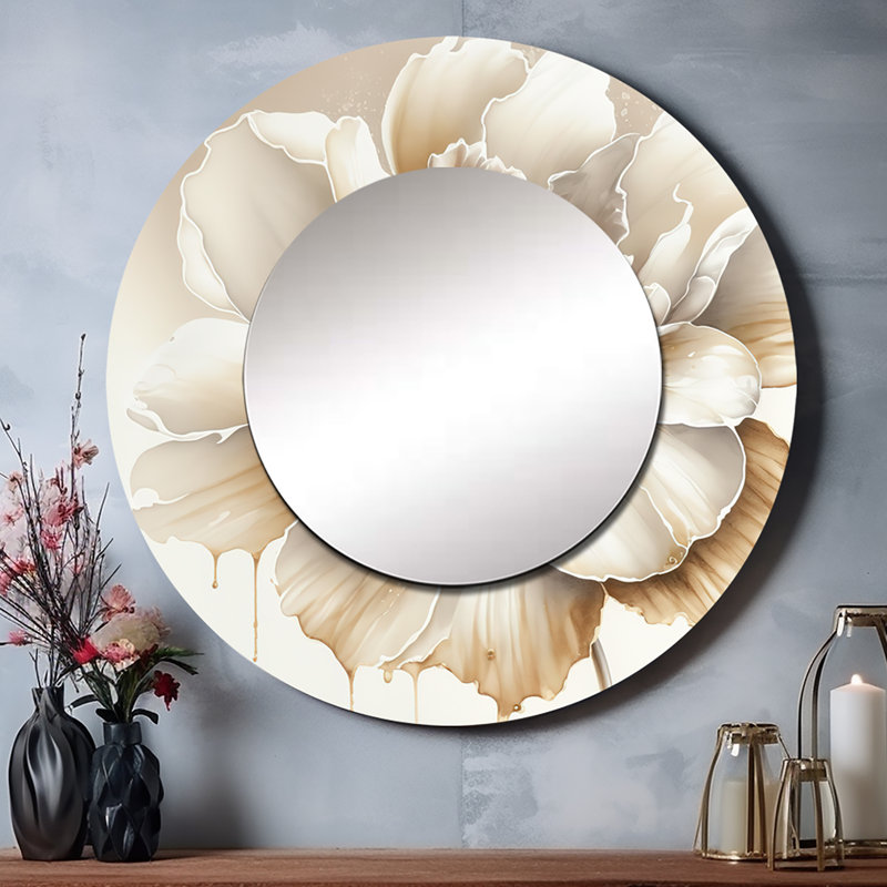 Quess Blooming Beige Floral Design II - Floral Decorative Wall Mirror, Traditional Large Round Mirror, Printed Metal Art