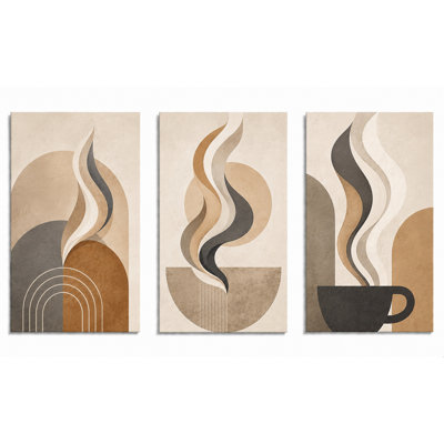 Très grand ensemble de 3 impressions abstraites sur toile café café à vapeur, café moderne, décor de cuisine, ton de terre neutre, impression sur toile 24 x 36 pouces - prête à être accrochée