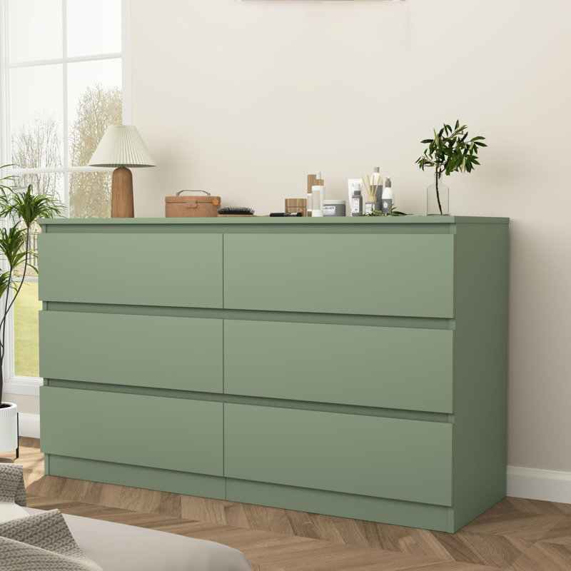 Modern 6 Drawer Double Dresser For Bedroom, Green