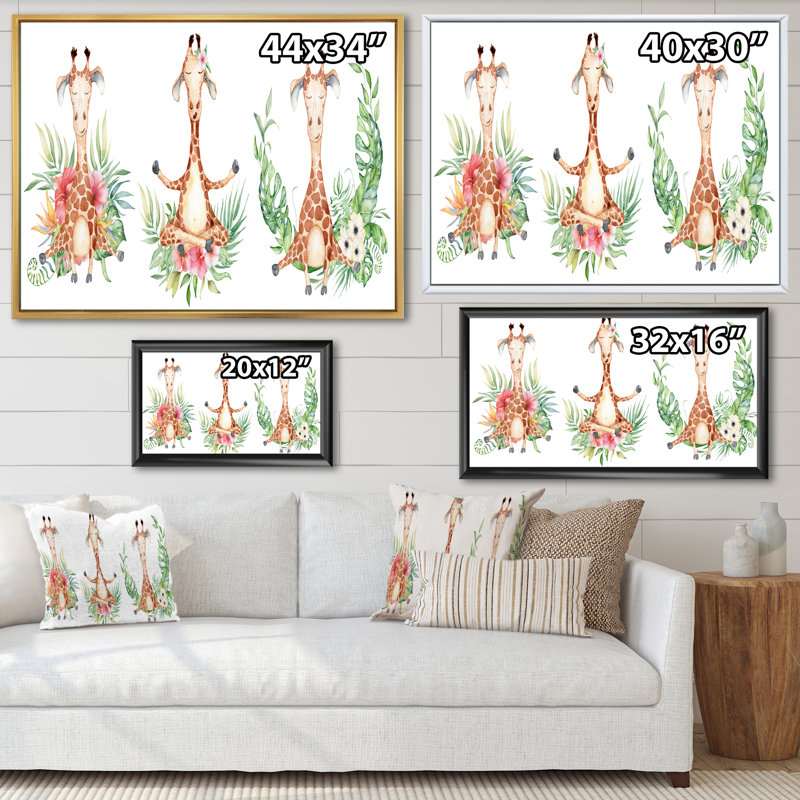 Dessin de girafe avec fleurs tropicales I - Peinture sur toile, H 24 po x l 32 po, Cadre flottant en érable