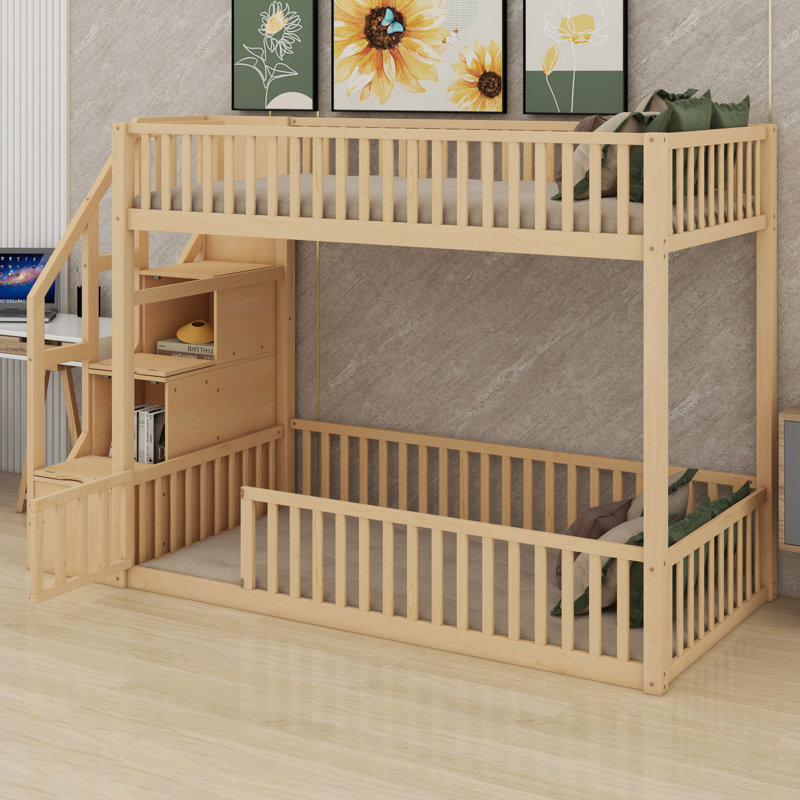 Lit superposé élégant avec solutions de rangement d'escalier intégrées, Naturel
