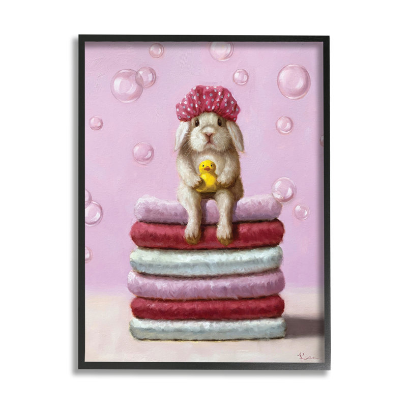 Joli bébé lapin sur les serviettes de bain, bulles de savon par Lucia Heffernan - impression, H 30 po x l 24 po