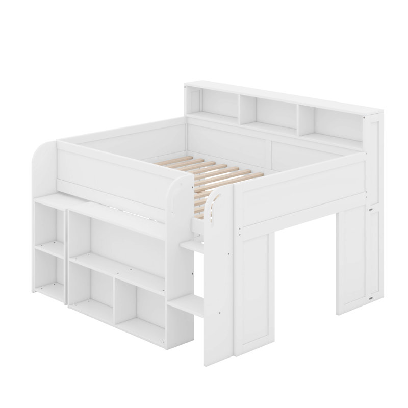 Designs Full Size Loft Bed With Desk, Wood Loft Bed Frame With Storage Shelves, LED Light, White