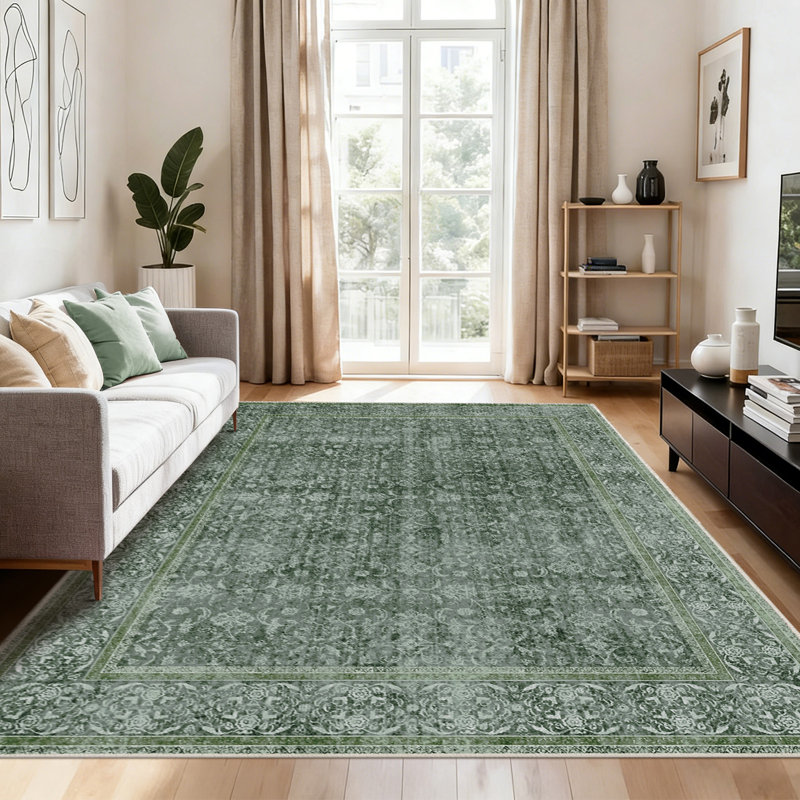 Washable Area Rug Green Floral Soft Accent Carpet Vintage Inspired Distressed Low Pile for Living Room Dining Room Bedroom Den
