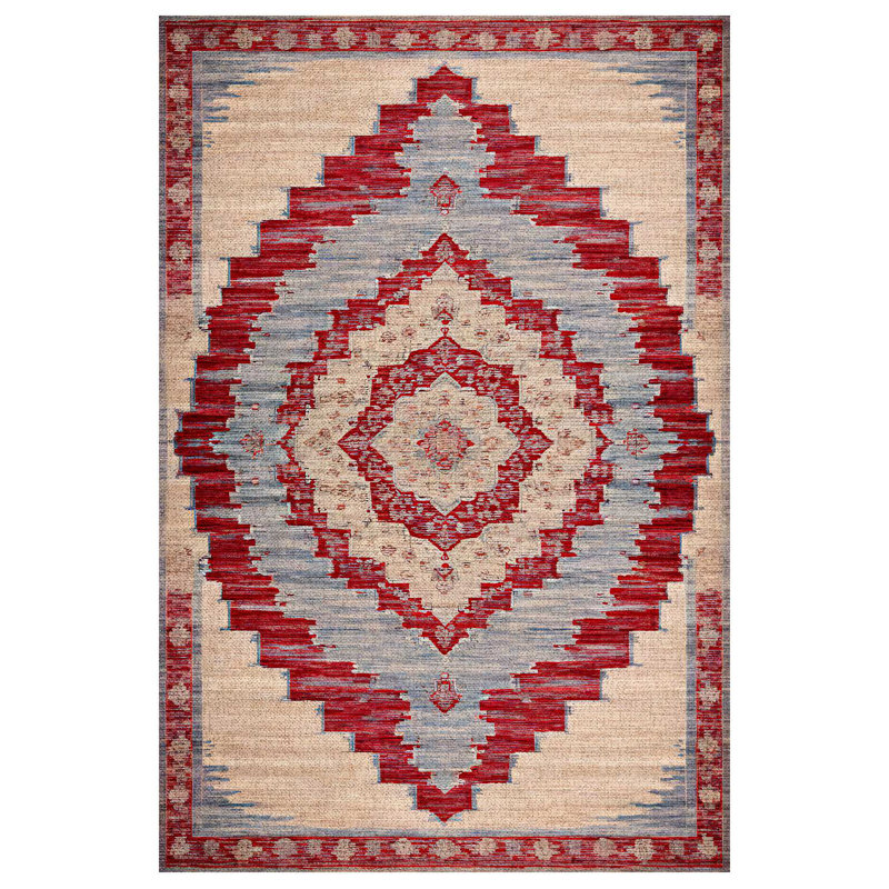 Marisol Blue Red Beige Oriental Machine Printed Cotton Polyester Area Rug, Rectangle 3'4" x 6'7"
