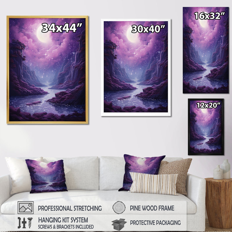 Surréalisme prune cosmique cascade III, H 44 po x l 34 po x P 1,5 po, Cadre flottant doré