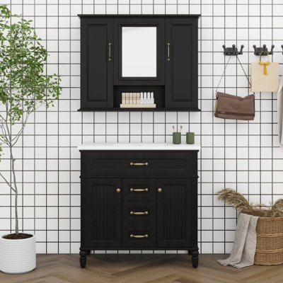 Meuble-lavabo 36 po avec armoire à pharmacie assortie, armoire de rangement avec tiroirs, portes et armoire à pharmacie avec tablette