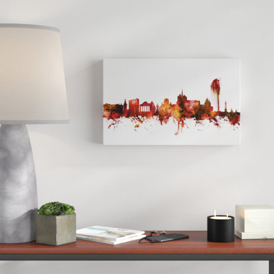 Geneva Switzerland Skyline Red Graphic Art on Wrapped Canvas