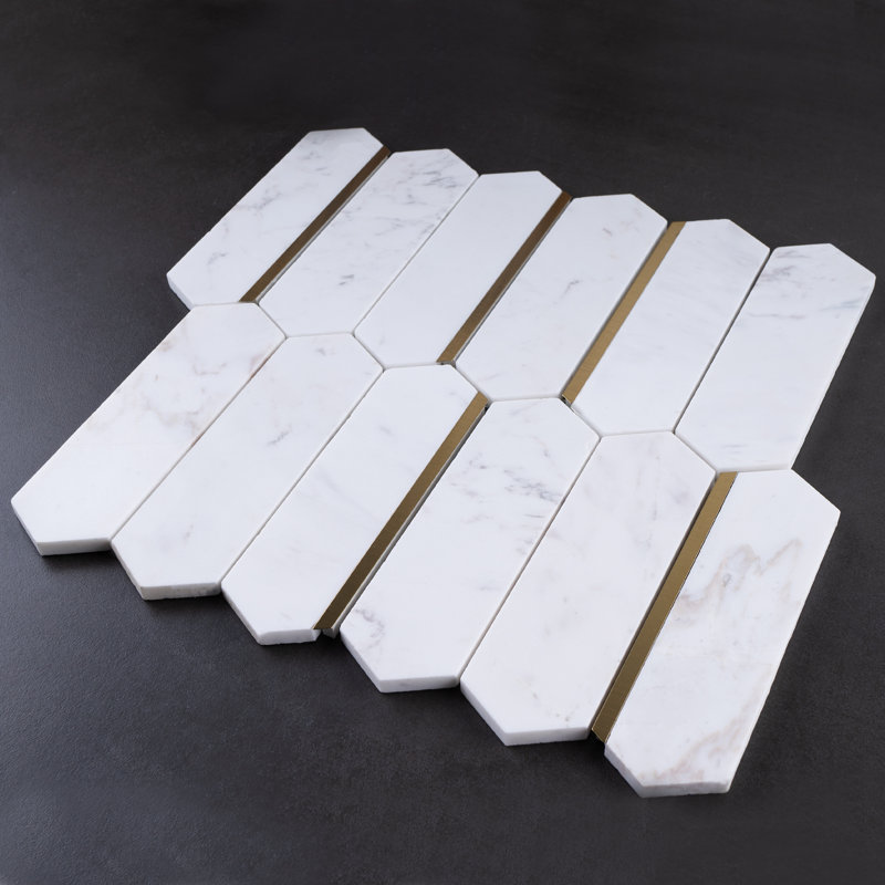 Natural Dorato 1" X 6" Marble Mosaic Wall Tile, White/Gold