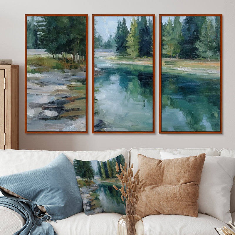 «Pine Trees», Fraser River, H 40 po x l 60 po, Brun, Reproduction avec cadre flottant