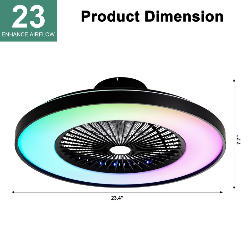 23 Inch Modern Low Profile Flush Mount Enclosed Smart RGB Ceiling Fan With Light And APP Control For Bedroom