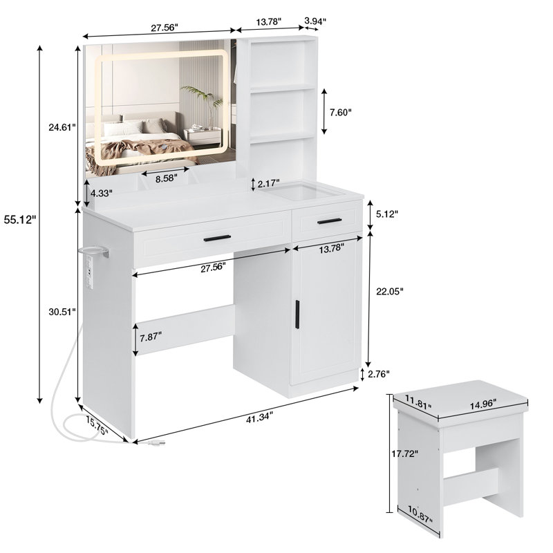 Ensemble coiffeuse avec miroir lumineux et orifices électriques Leoba