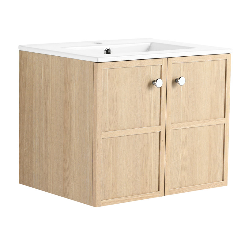 Meuble-lavabo de salle de bain, 24 po, lavabo en céramique, contreplaqué de chêne, 2 portes à fermeture douce, attrait esthétique moderne