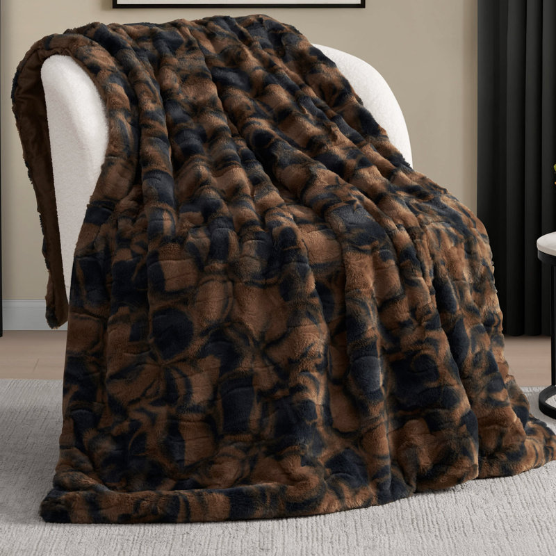 Nine West Printed Embossed Faux Fur Throw Blanket, Cacao Nibs