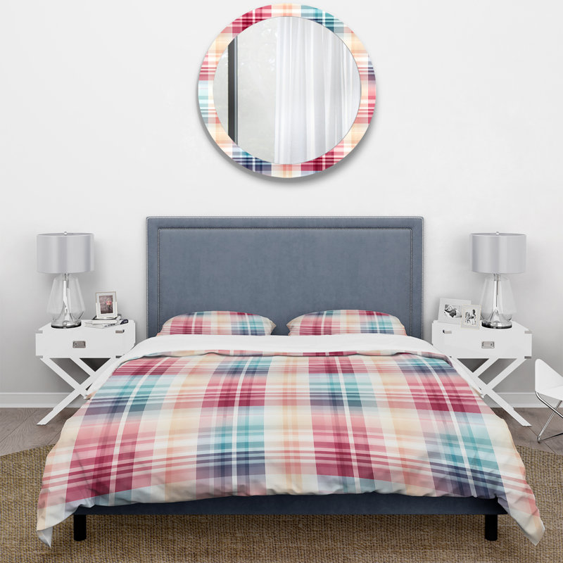 Literie bleue et rose à motif rétro écossais, Housse de couette pour très grand lit et 2 très