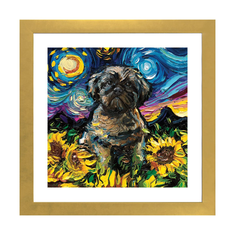Reproduction d’art, « Shih Tzu Night II » par AJA, H 16 po x l 16 po x p 1 po, Papier encadré doré, Blanc